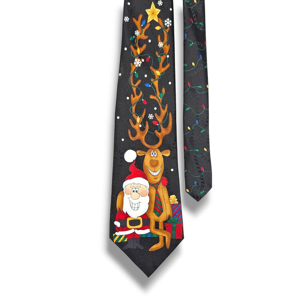 Hallmark Silk Necktie Christmas Jacquard Santa Reindeer Lights Black OS